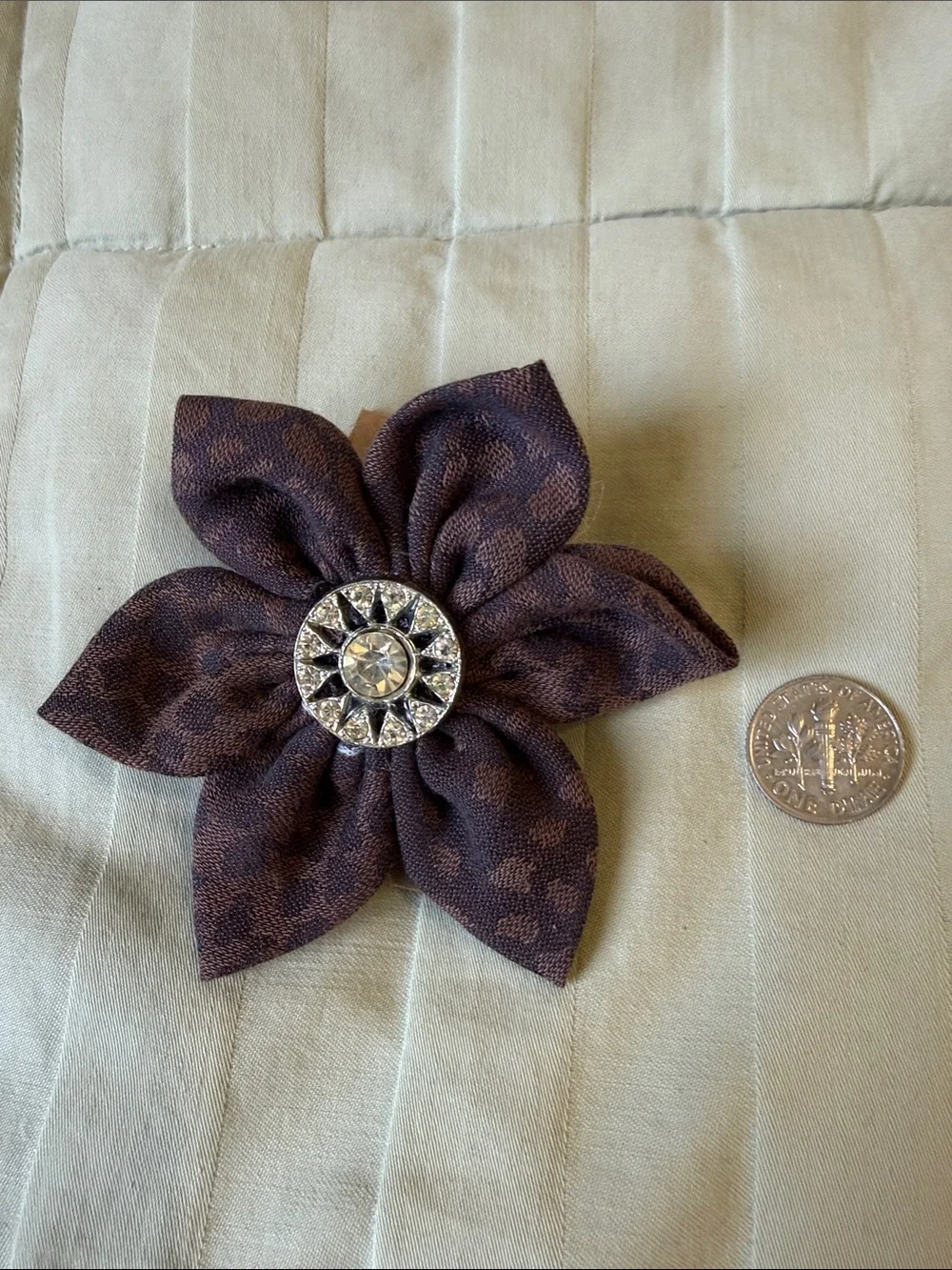 Brown Floral Fabric Brooch with Crystal Center